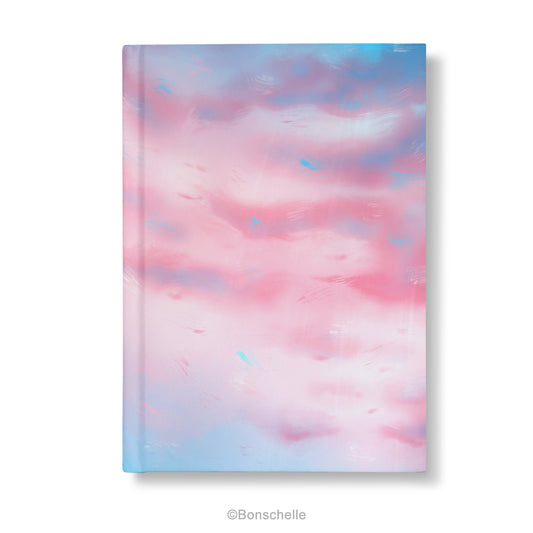 Hardcover notebook with original cloud art landscape design made with colours from Transgender Pride Flag.
