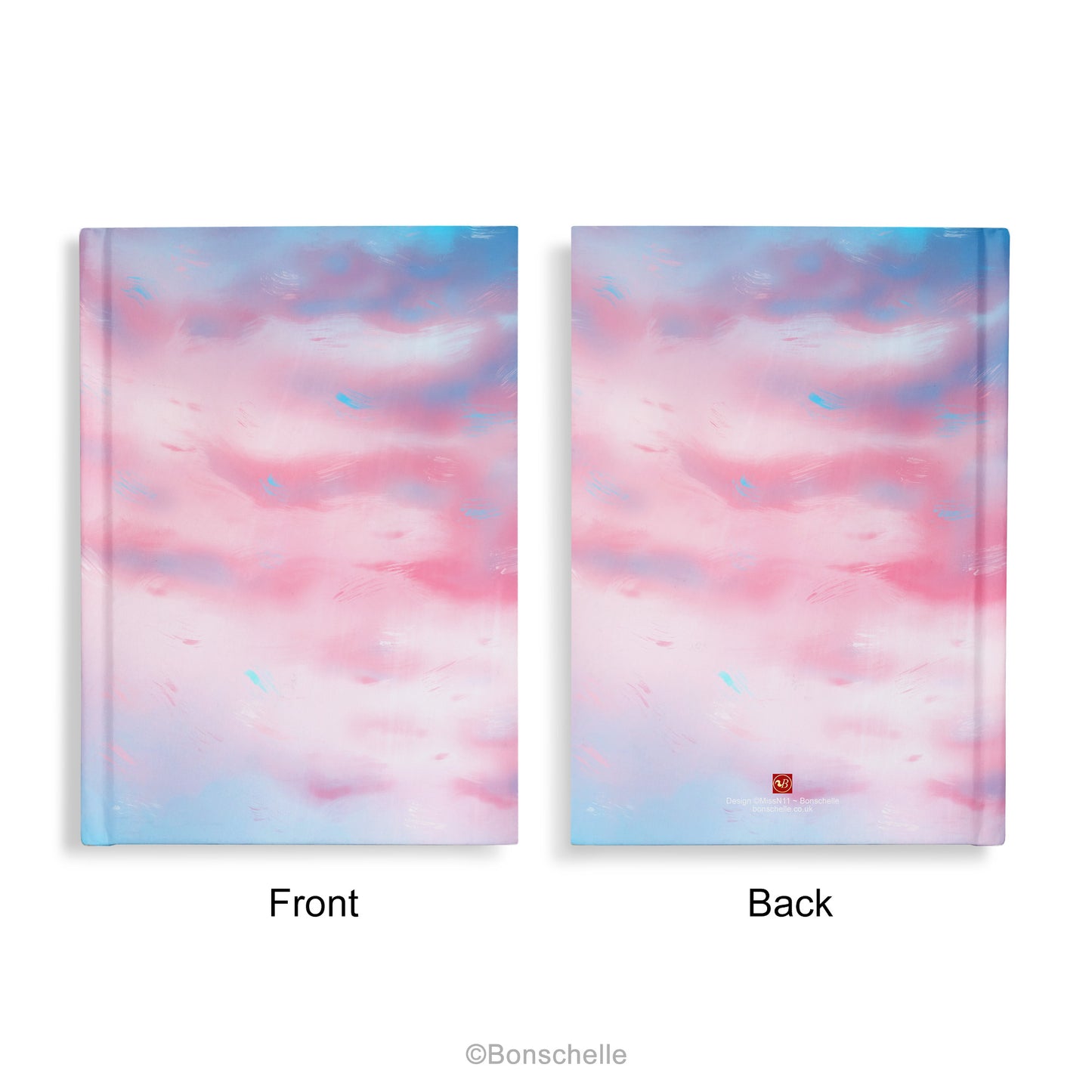 Front and back of hardcover notebook with original cloud art landscape design made with colours of Transgender Pride Flag.