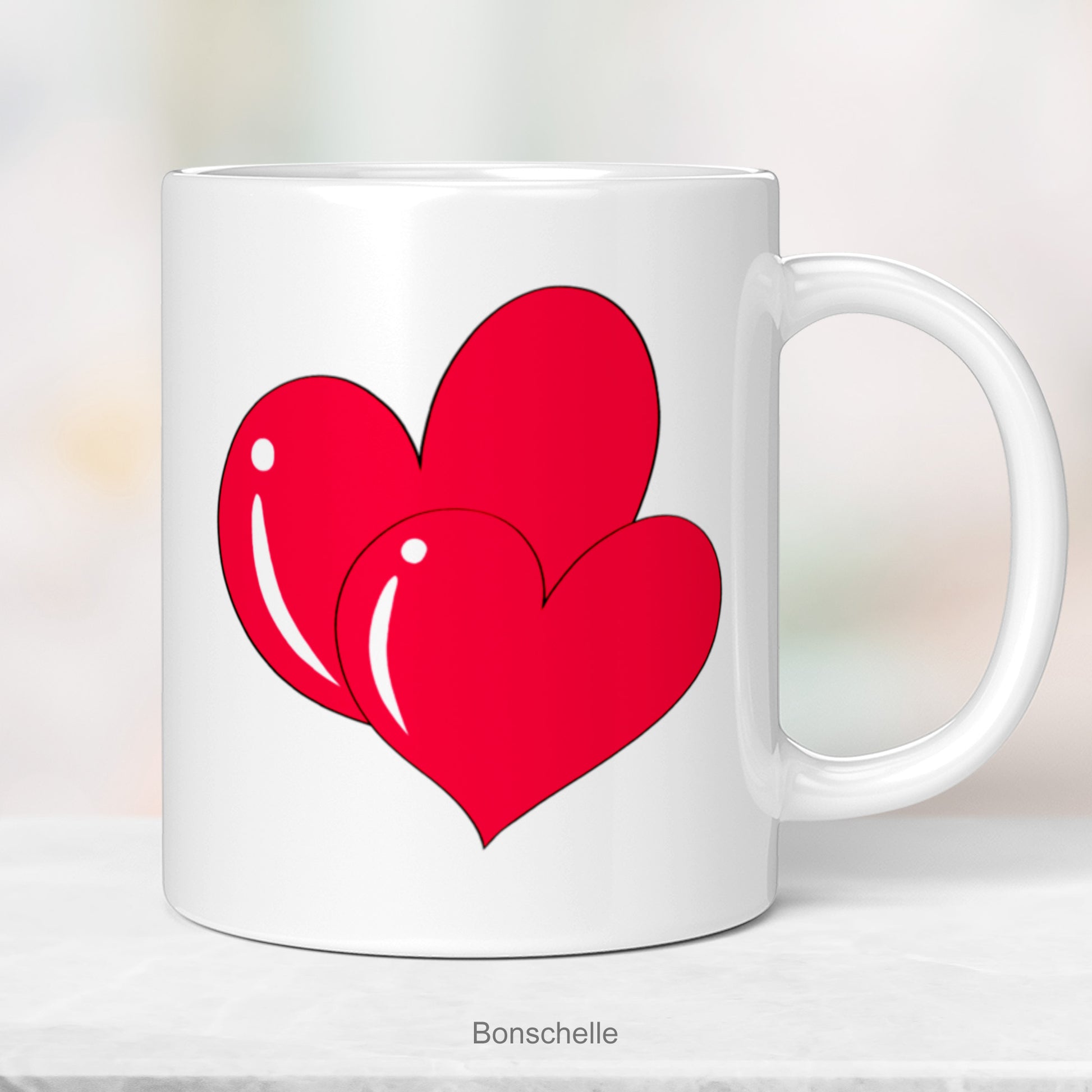 Two Hearts Love Mug with two overlapping red love hearts.