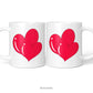 Left and right side views of the Two Hearts Love Mug with two overlapping red love hearts.