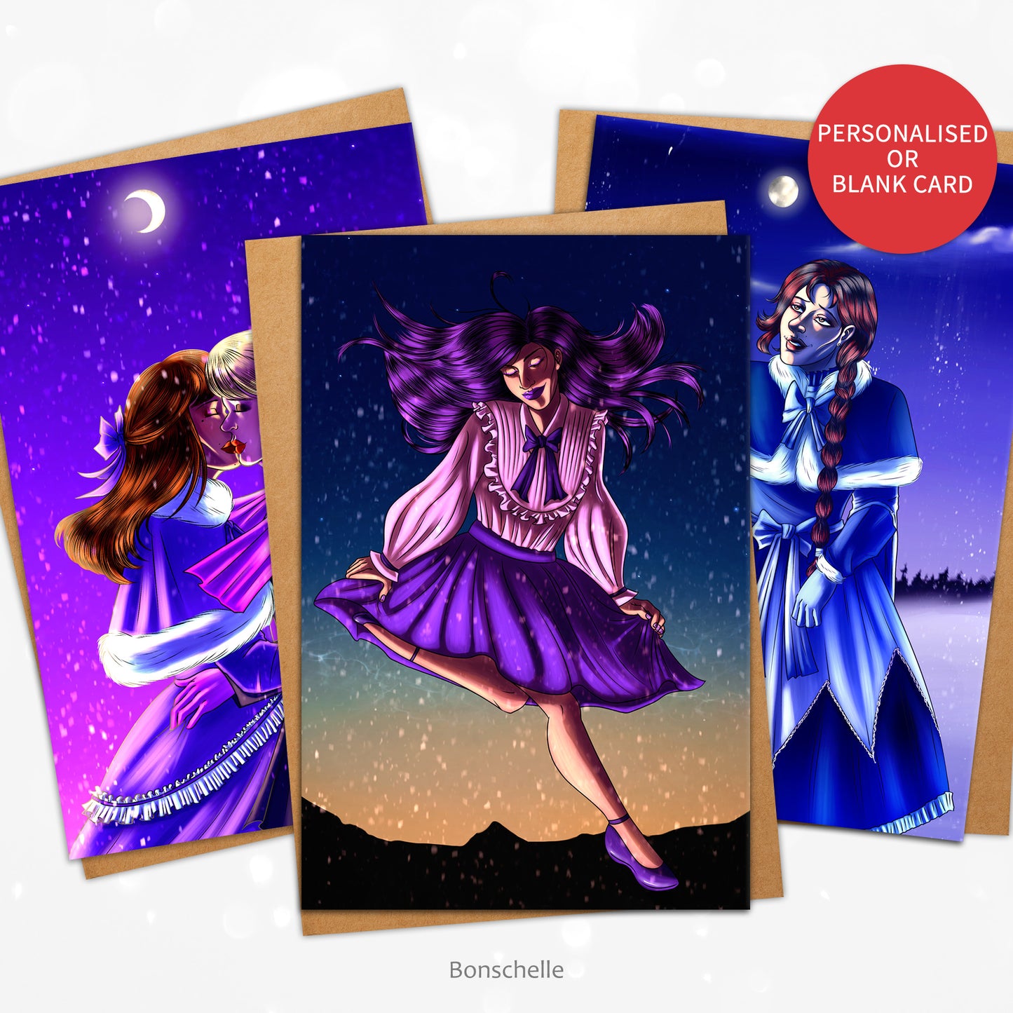 Three cards and envelopes with original art themes of pretty girls in the snow. Sticker informs may be ordered personalised or blank