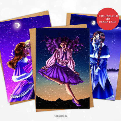 Three cards and envelopes with original art themes of pretty girls in the snow. Sticker informs may be ordered personalised or blank