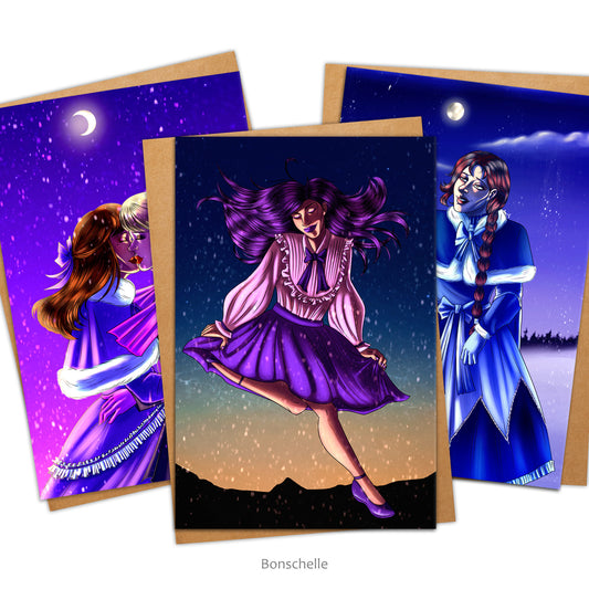 Three cards and envelopes with original art themes of pretty girls in the snow