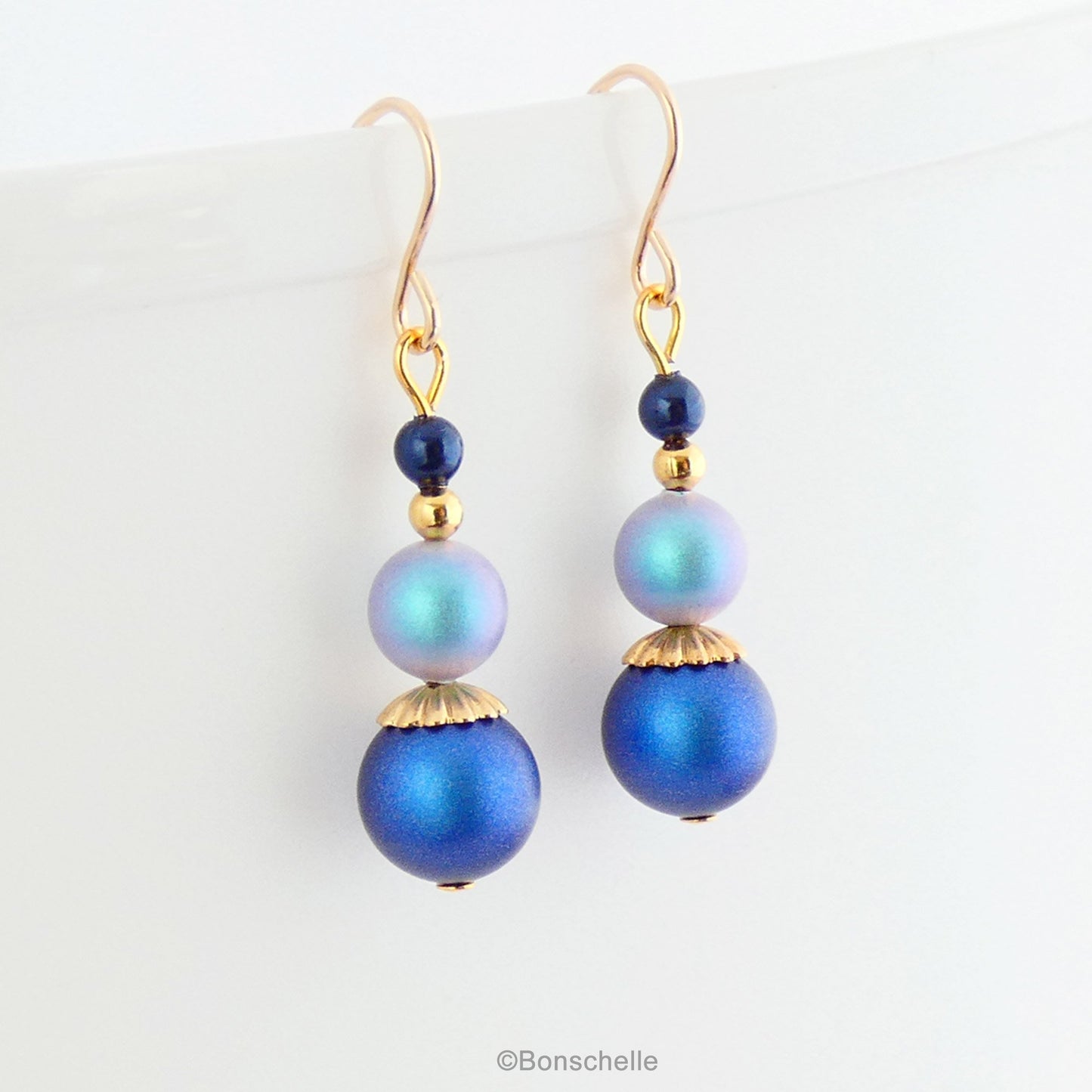 Dark medium and pale blue swarovski crystal pearl beaded drop earrings with 14K gold filled earwires for women with gold accents 1