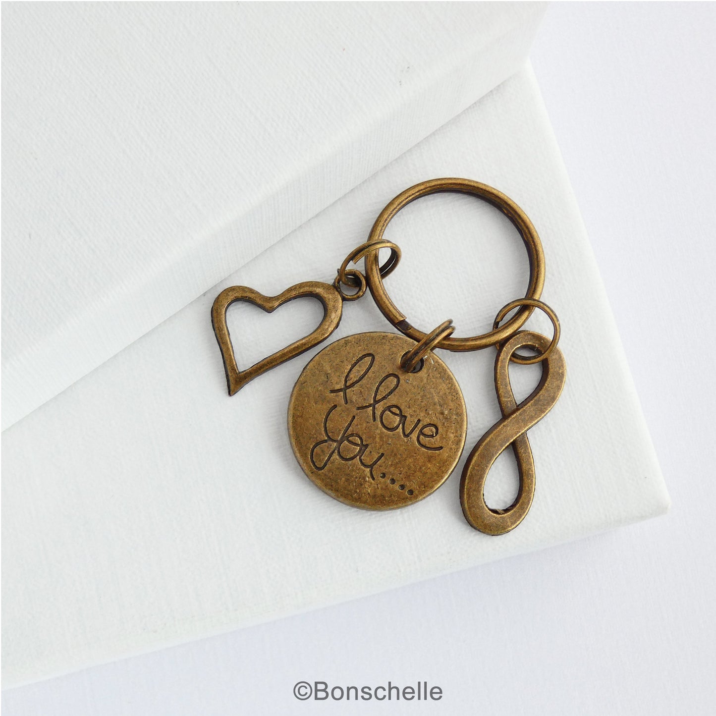 Bronze 8th anniversary keyring with an I love you charm, double heart charm and number 8 charm or infinity charm 2
