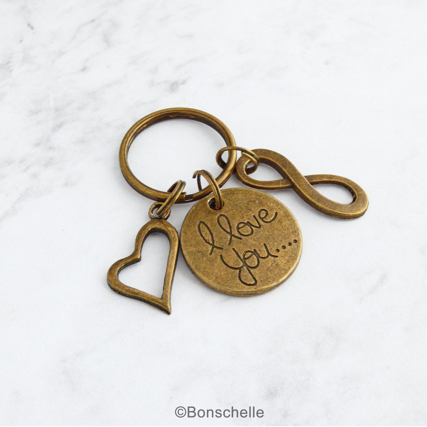 Bronze 8th or 19th anniversary keyring with an I love you charm, double heart charm and number 8 charm or infinity charm