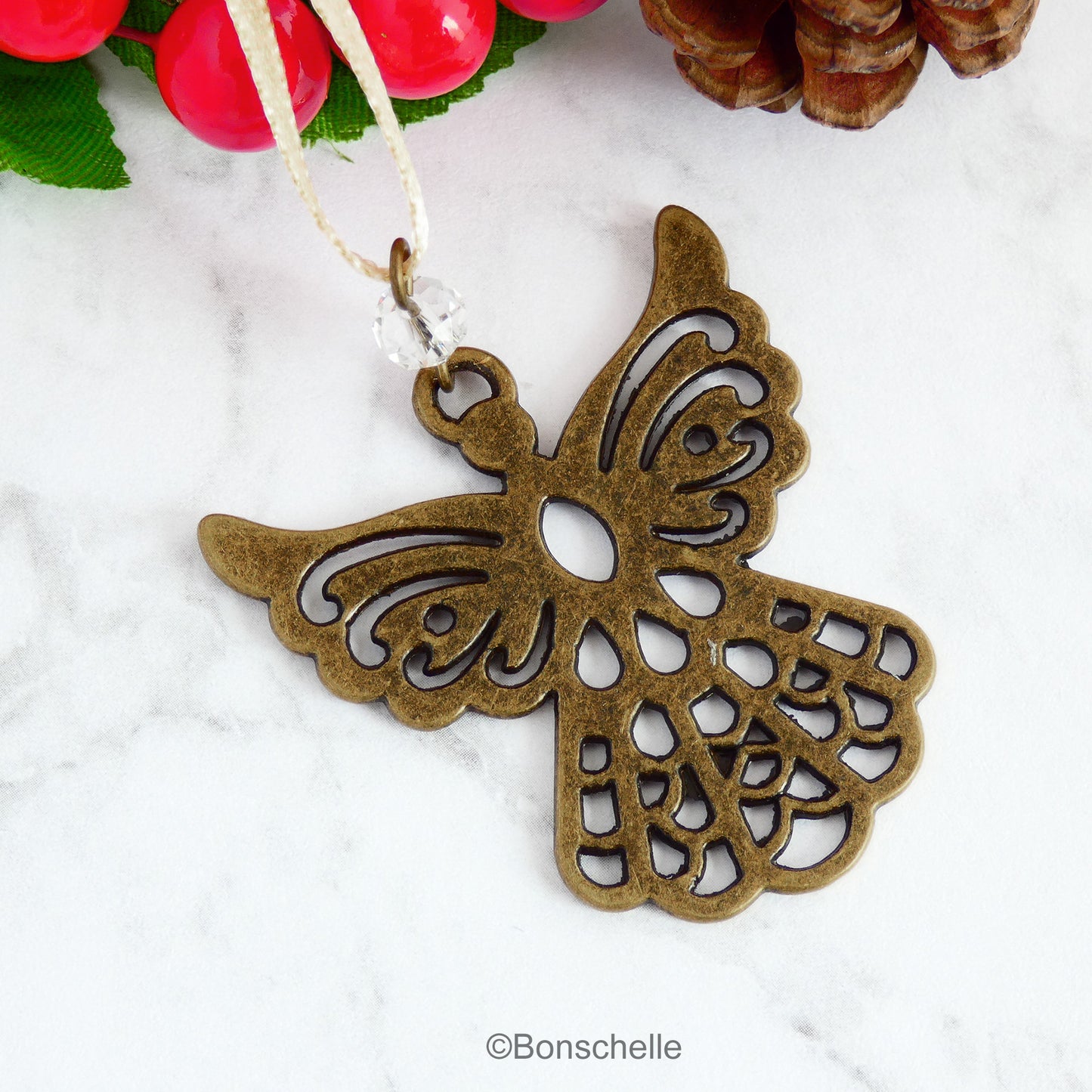 Antique bronze toned filigree style christmas angel ornament