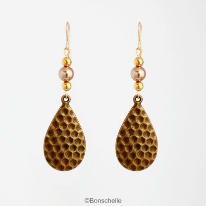 Antique bronze toned hammered metal teardrop earrings with bronze swarovski pearls, gold toned beads adn 14K gold filled earwires 