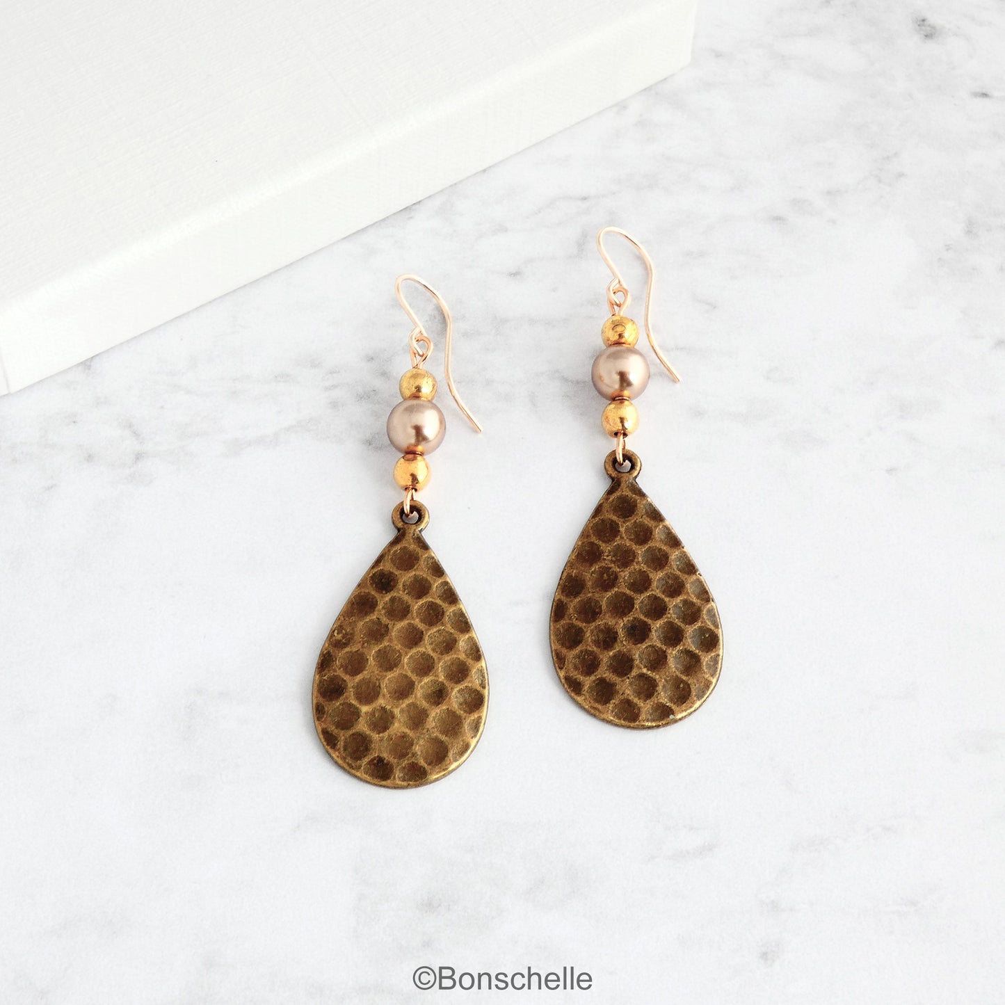 Antique Bronze Hammered Teardrop and Pearl Earrings with 14K Gold Filled Earwires