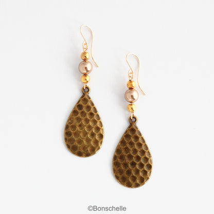 Antique bronze toned hammered metal teardrop earrings with bronze swarovski pearls, gold toned beads adn 14K gold filled earwires 