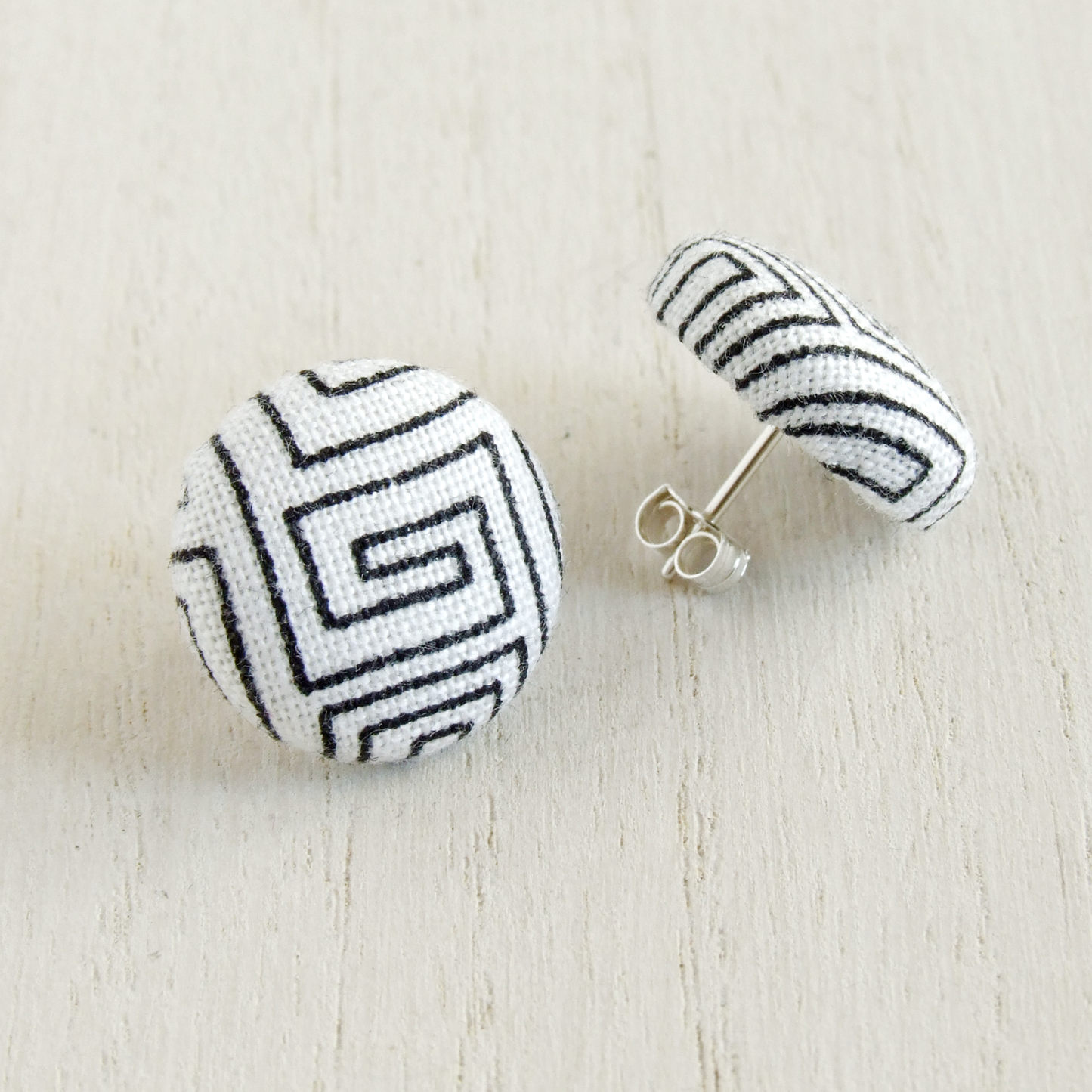 Geometric print textile and sterling silver stud earrings for women