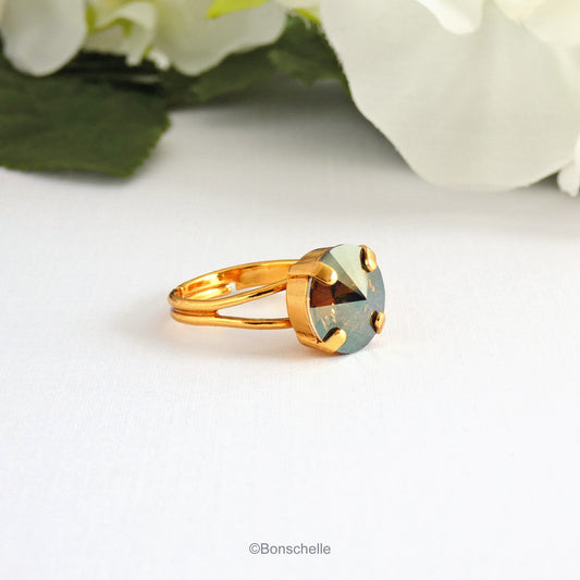 24K gold plated solitaire ring for women with a deep bronze Swarovksi crystal stone.