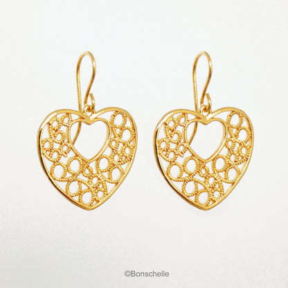 18K gold plated filigree heart earrings with 14K gold filled earwires shown hanging