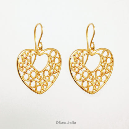 18K gold plated filigree heart earrings with 14K gold filled earwires shown hanging