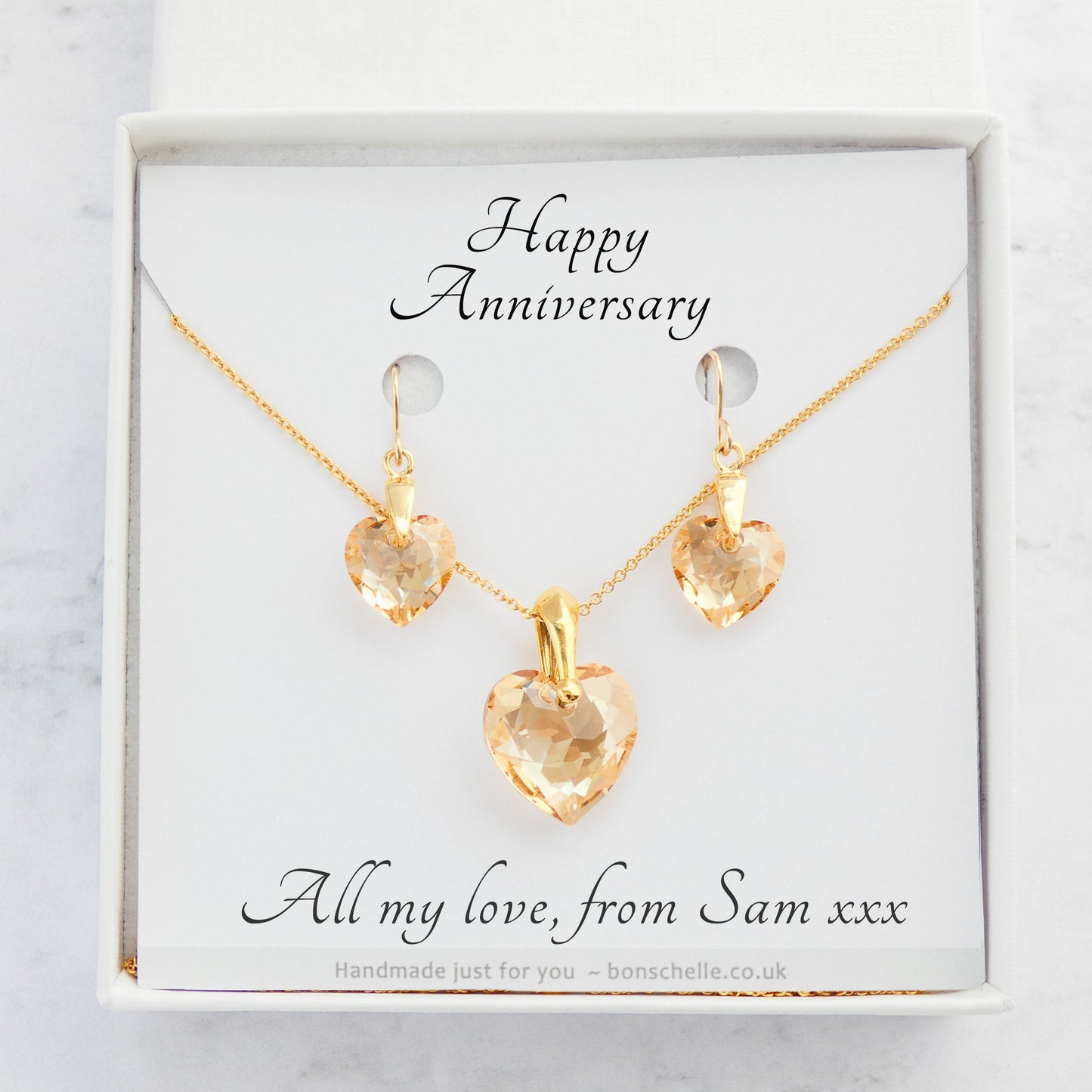 Plae golden cut crystal heart necklace and earrings set with a personalised gift message