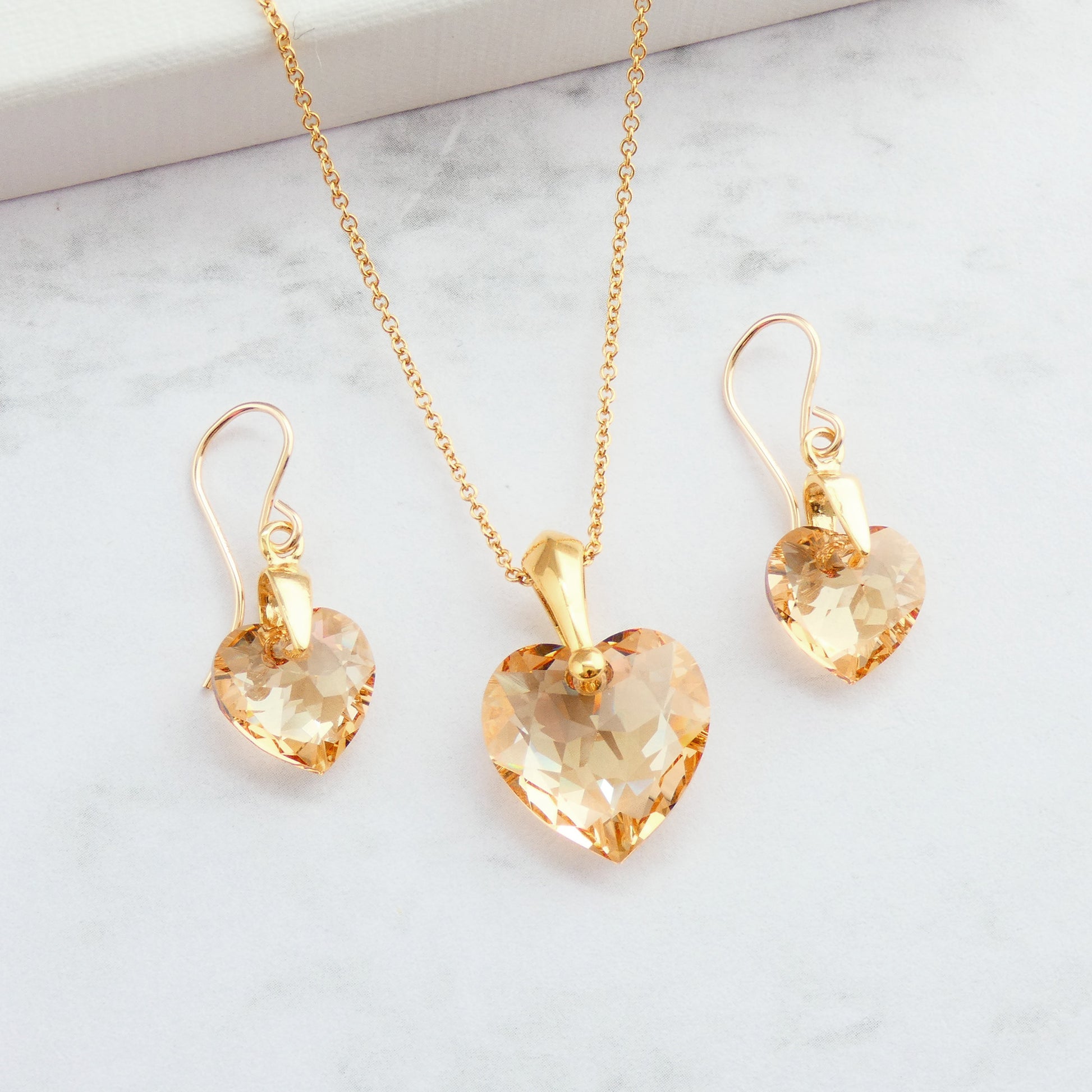 Pale bronze cut crystal heart earrings and necklace set for woment