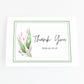 Handmade personalised Thank you card with pink buds and green leaves and custom text under the words 'Thank You. Floral blank inside thank you greeting card