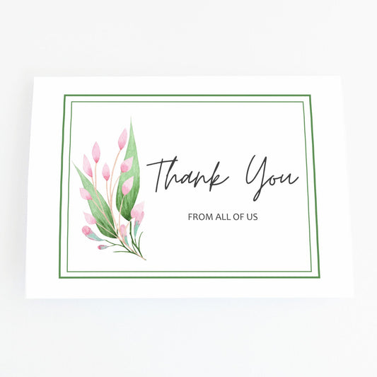 Handmade personalised Thank you card with pink buds and green leaves and custom text under the words 'Thank You. Floral blank inside thank you greeting card