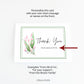 Info image with examples of custom text under the image of the handmade personalised Thank you card with pink buds and green leaves and custom text under the words 'Thank You. Floral blank inside thank you greeting card