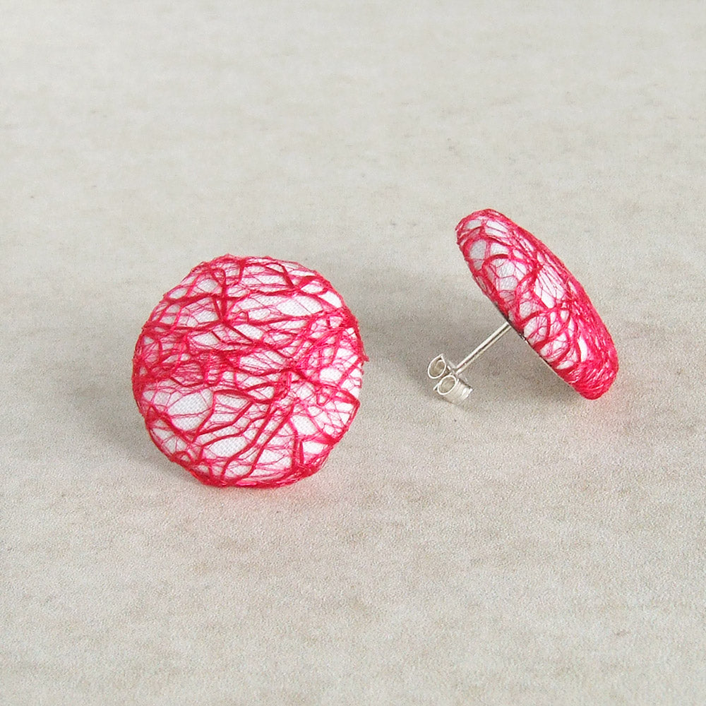 Handmade avant gard red mesh fabric stud earrings