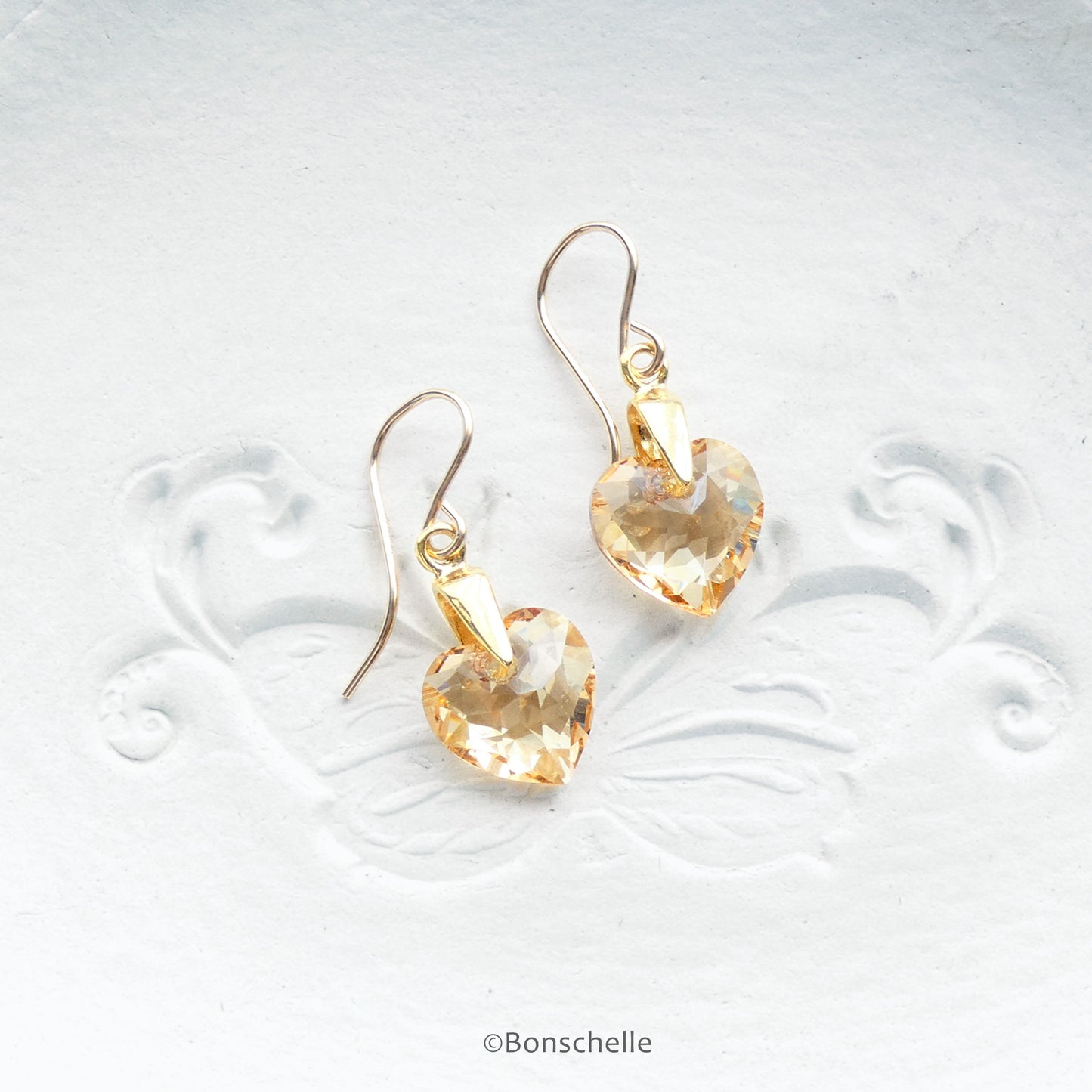 Handmade earrings with pale golden bronze toned Swarovski crystal heart earrings and 14K gold filled earwires 