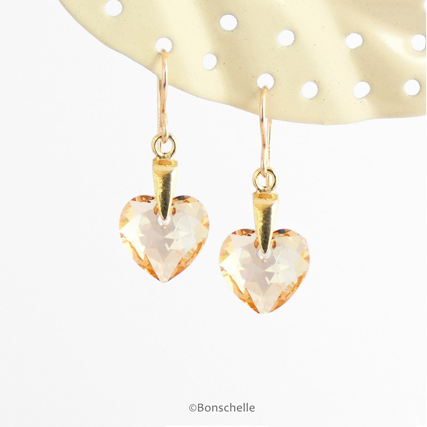 Handmade earrings with pale golden bronze toned Swarovski crystal heart earrings and 14K gold filled earwires 