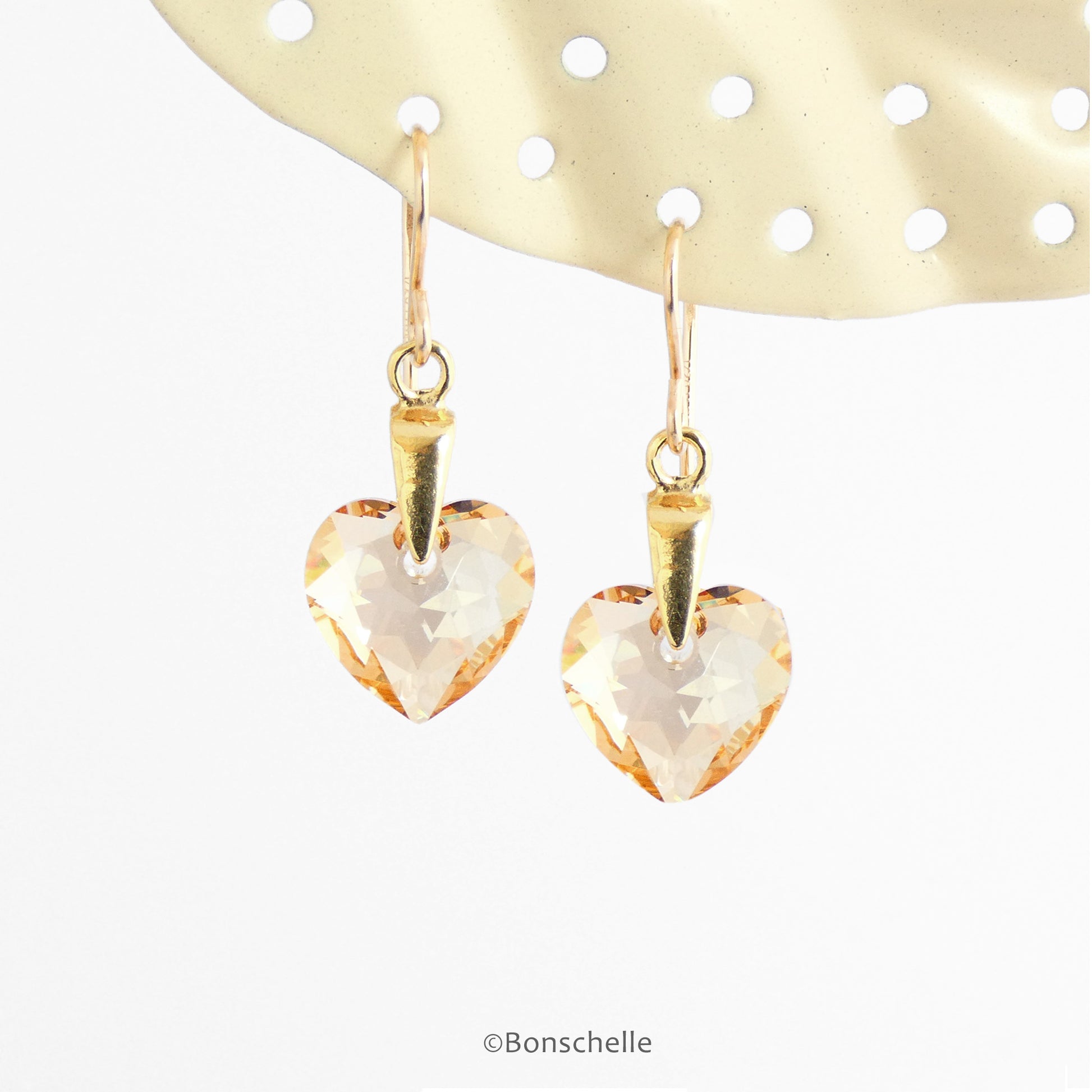 Handmade earrings with pale golden bronze toned Swarovski crystal heart earrings and 14K gold filled earwires 