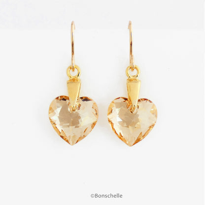 Handmade earrings with pale golden bronze toned Swarovski crystal heart earrings and 14K gold filled earwires 