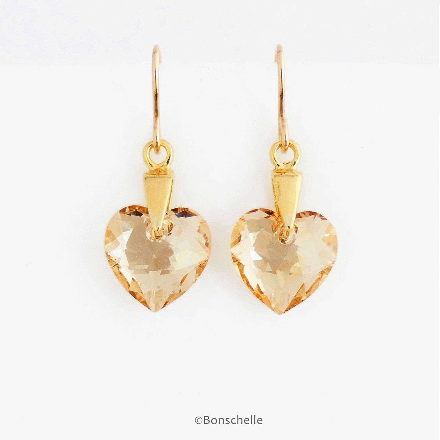 Hanging Handmade earrings with pale golden bronze toned Swarovski crystal heart earrings and 14K gold filled earwires 
