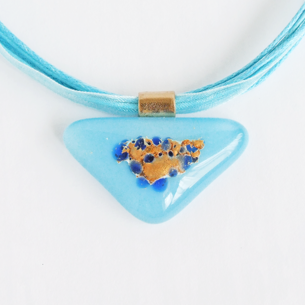 Contemporary blue fused glass triangle pendant necklace