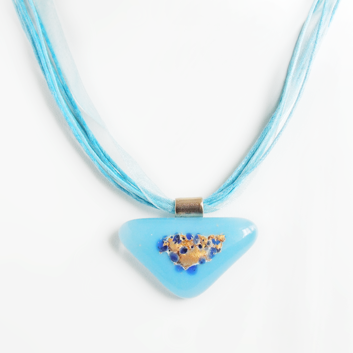 Contemporary blue fused glass triangle pendant necklace 2