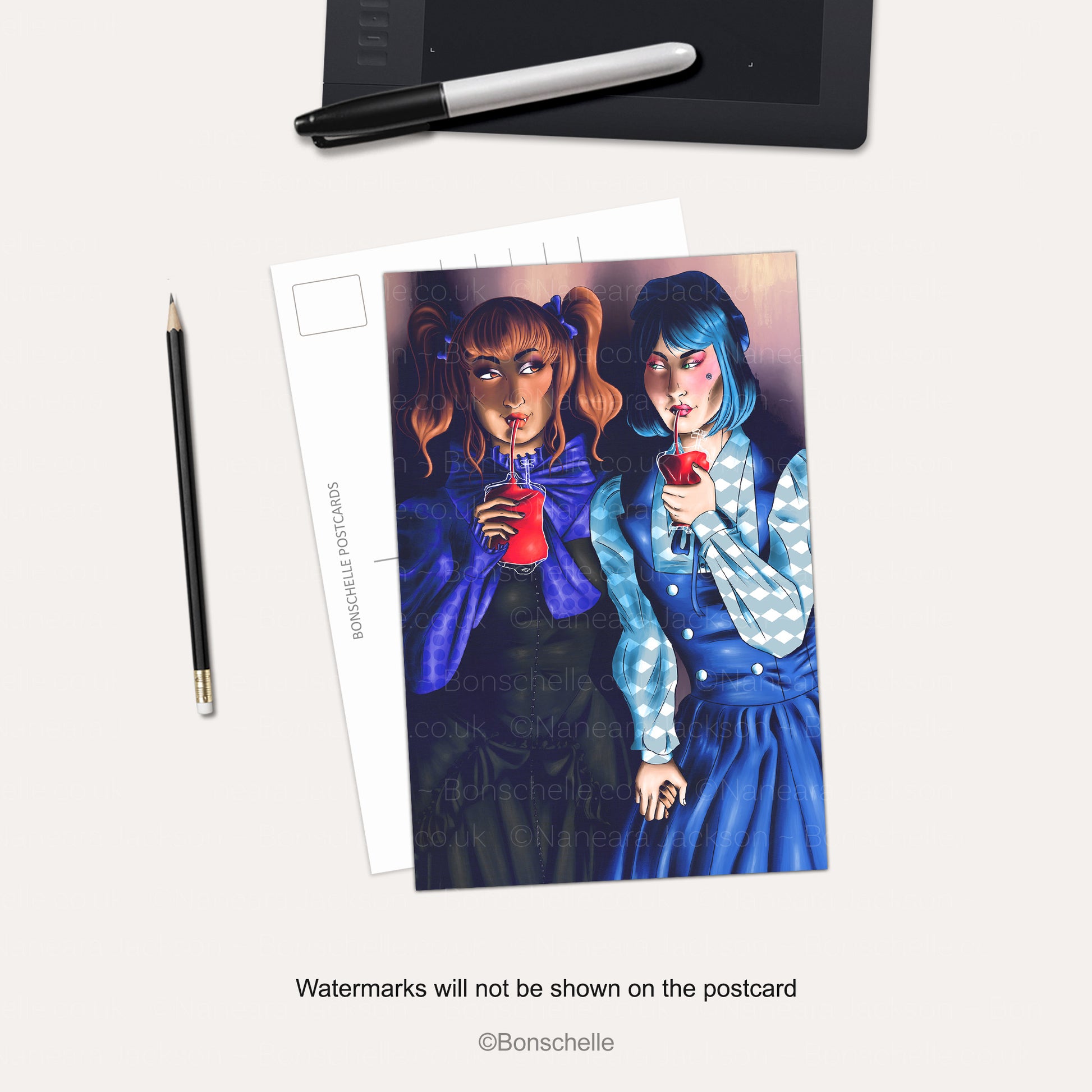 Vampire Lolita Girlfriends Postcard Art Print on a desk