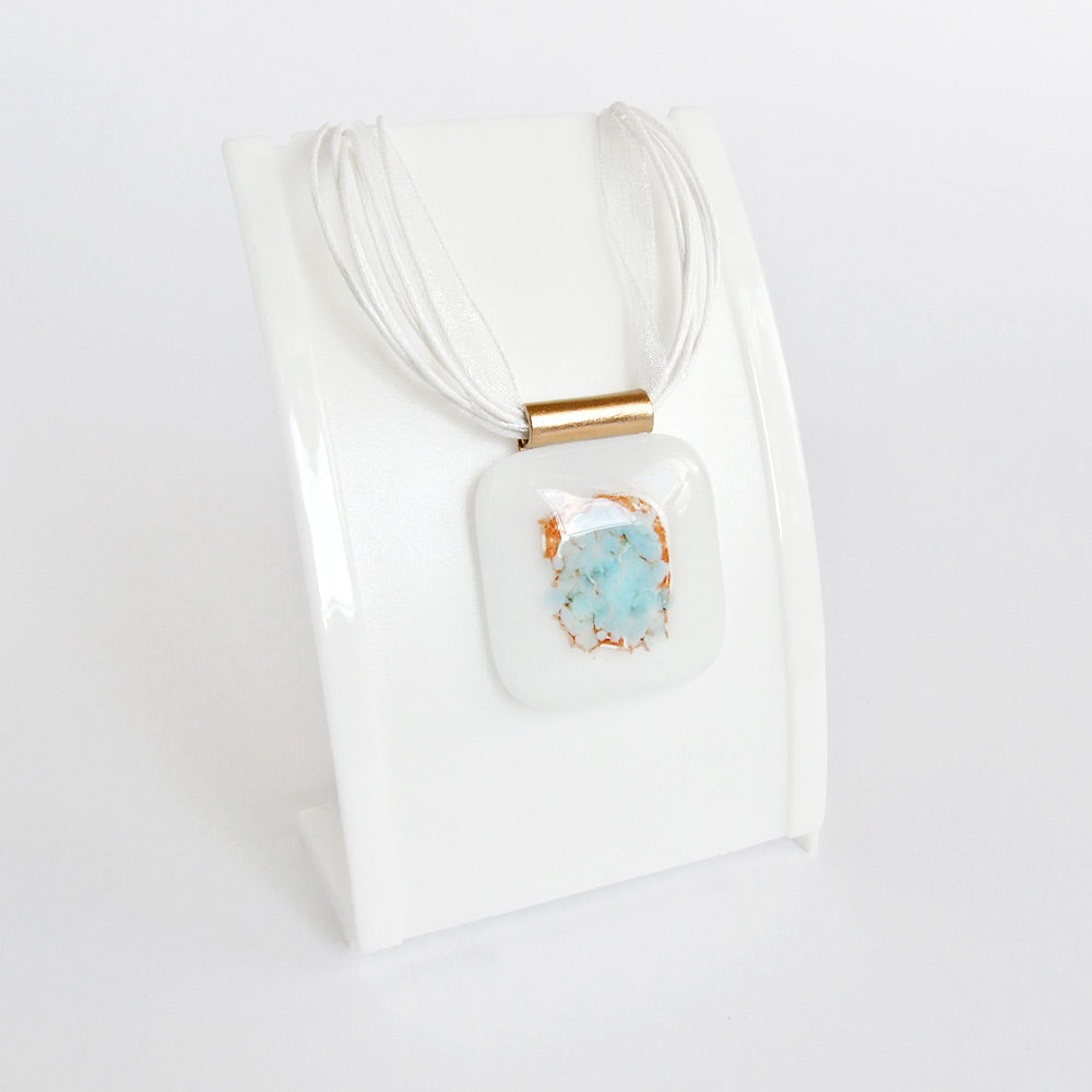 contemporary square white and blue fused glass pendant necklace 2