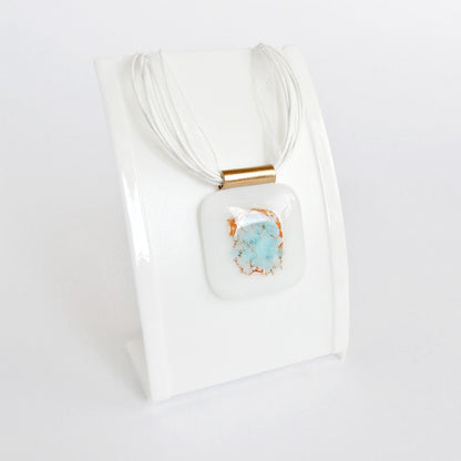 contemporary square white and blue fused glass pendant necklace 2