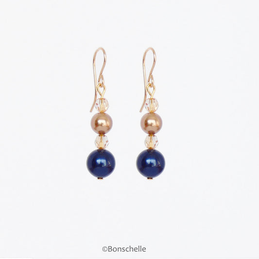 Dark blue and bronze coloured pearl earrings with 14K gold fill earwires for women