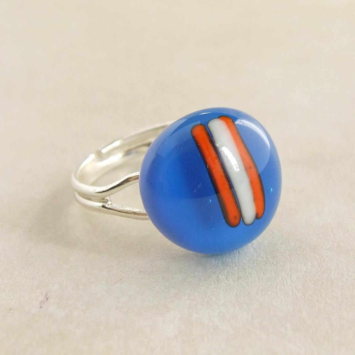 contemporary adjustable handmade artisan blue fused glass cabochon ring for women