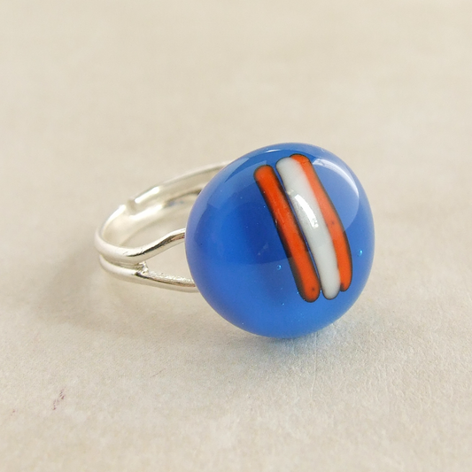 contemporary adjustable handmade artisan blue fused glass cabochon ring for women