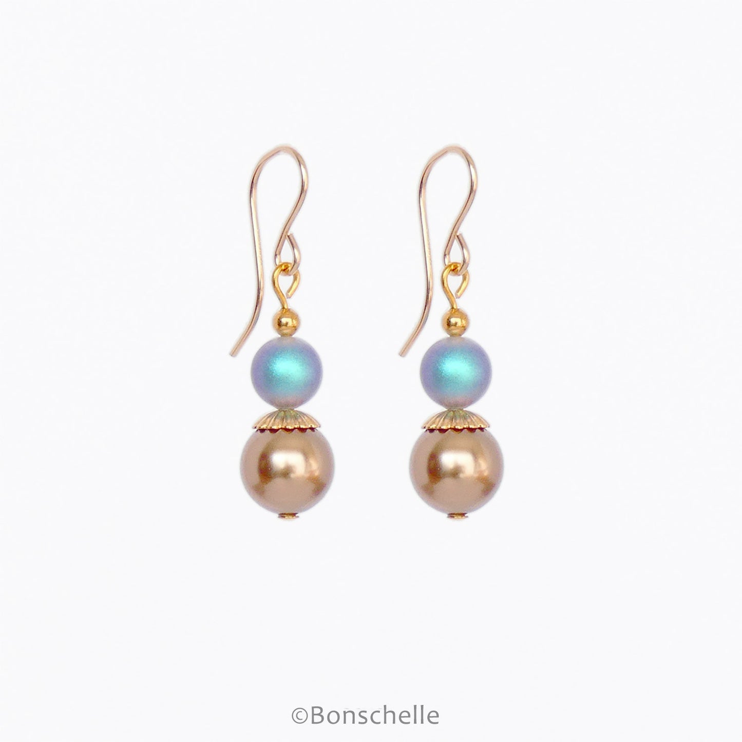 Sky blue irridescent and bronze toned pearl earrings for women with 14K gold filled earwires