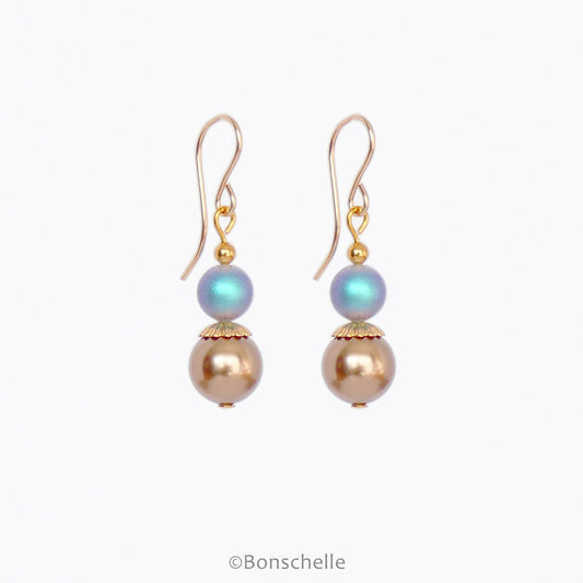 Sky blue irridescent and bronze toned pearl earrings for women with 14K gold filled earwires